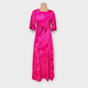 Vintage Two Potato 70s Maxi Dress XS Hot Pink Floral Tie Retro Boho Laguna Beach